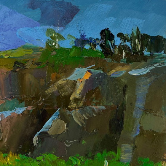 Image 1 of Original Oil Painting Summer River Landscape River flows through rocky cliffs