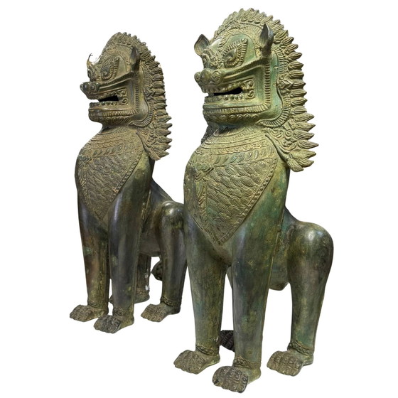 Coppia di Leoni del Tempio Singha Monumentali - Antichissimi Guardiani della Casa - 7,4 kg Bronzo – Sculture (photo 8 of 10)