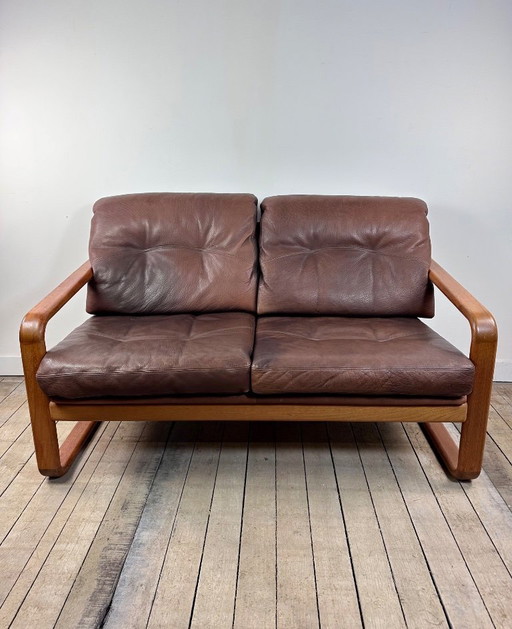 Scandinavian 2-seater sofa in teak and leather Hostelbro Denmark 1970