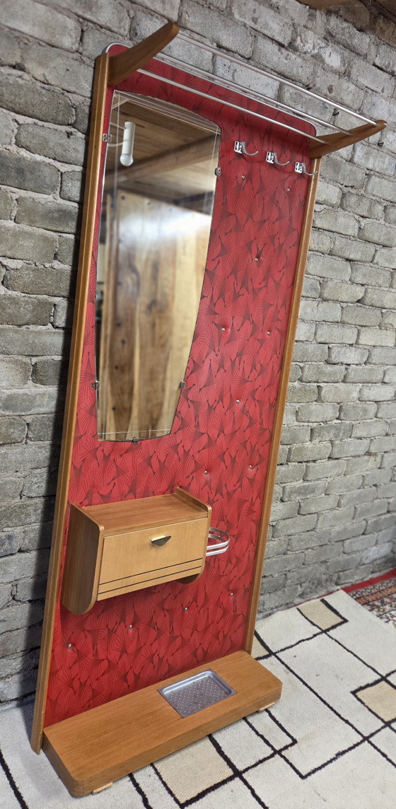 Image 1 of Vintage 1950s/60s Wall-Mounted Coat Rack – Red and Wood Rockabilly Design Cloakroom