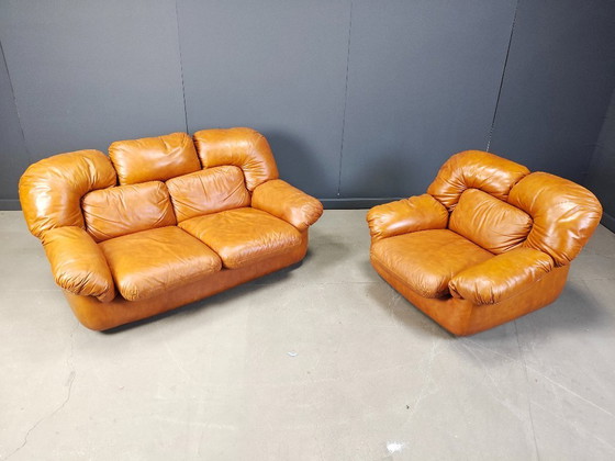 Image 1 of Ensemble de canapés en cuir italien du milieu du siècle par Ercole Biella pour Grappeggia, 1970