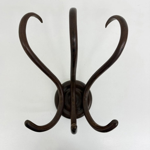 Perchero de pared Thonet de madera curvada antiguo, años 30