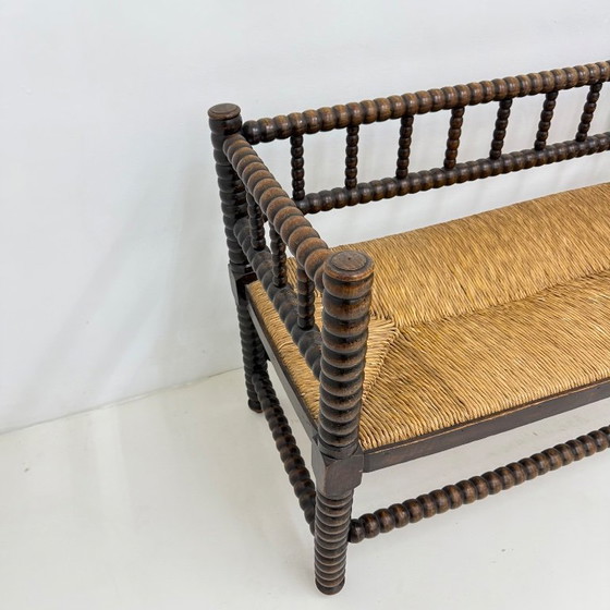 Wooden bench with bobbin legs and rush seat, Benches, Other, Brown, Vintage (photo 11 of 13)