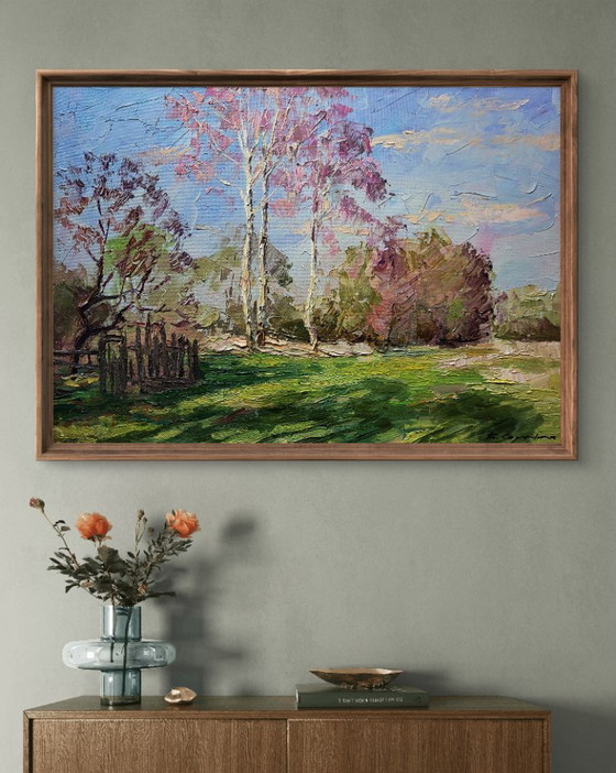 Original Oil Painting Nature Landscape Meadow Trees Outskirts, Paintings & Drawings, Canvas, Green (photo 2 of 7)