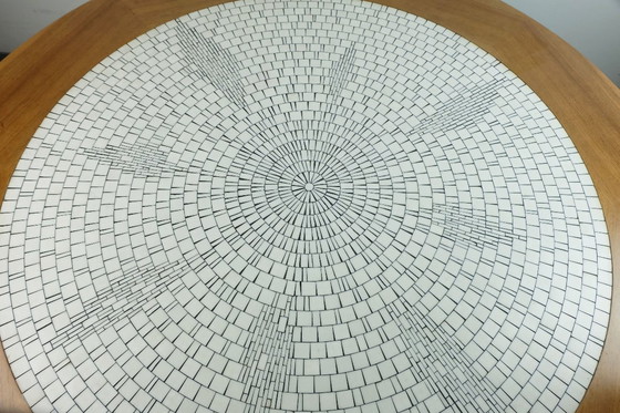 Image 1 of large round 60s mosaic tile top coffee table white mosaic walnut frame chrome base