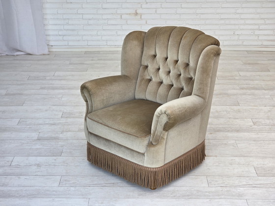 Image 1 of 1970s Danish Armchair, Original Condition, Furniture Velour, Beech Wood