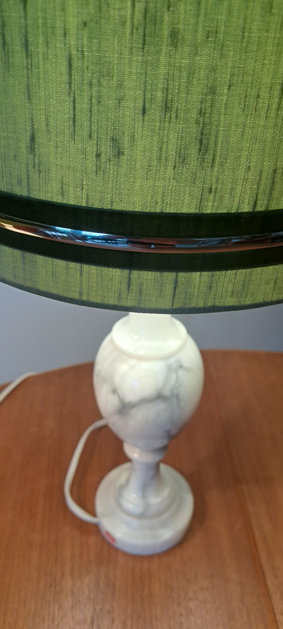 Image 1 of Pair of Italian Marble Table Lamps with Olive Green Silk Shades – Vintage 1970s