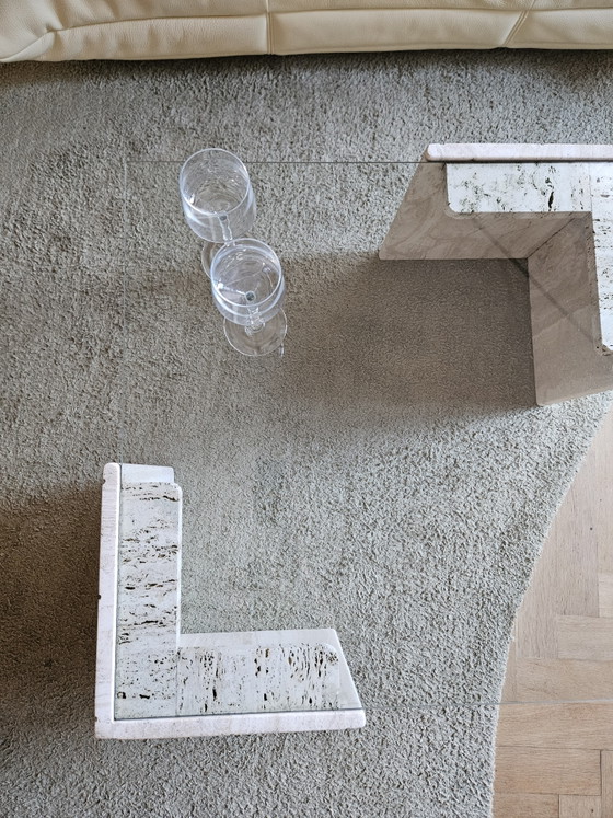 Image 1 of Salontafel in travertin met glas