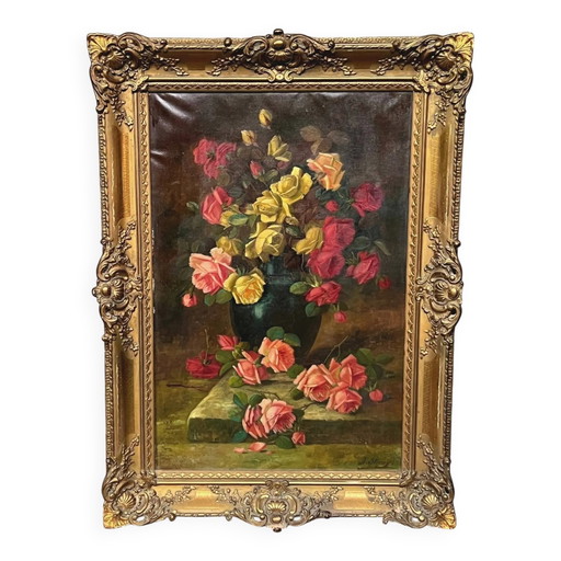 Old still life signed with roses. – schilderijen tekeningen, Canvas