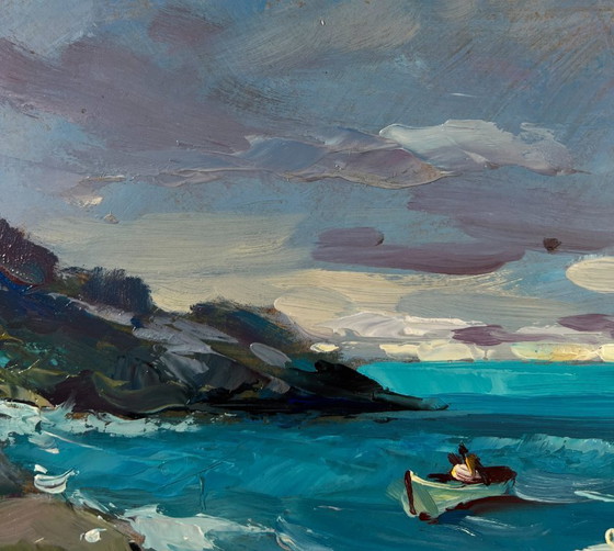 Image 1 of Original Oil Painting Summer Coastal Landscape Sea Waves Crashing Against Sharp Shores
