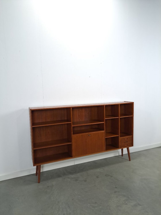 Image 1 of Danish teak wide LP cabinet with shelves, drawers and bar with mirror