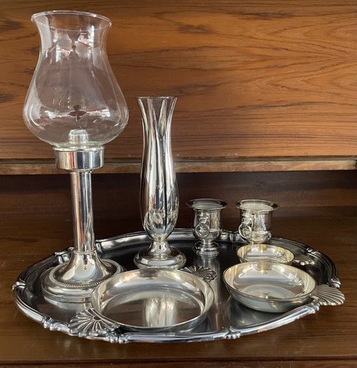 Colección de accesorios de mesa antiguos bañados en plata (con sellos de origen) – decoratie, Glass, Metal
