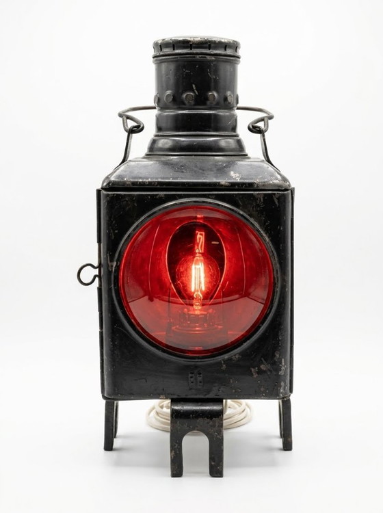 Spoorwegsignaallamp, zwart met rood glas, Tafellampen, Metaal, Vintage (foto 2 van 5)