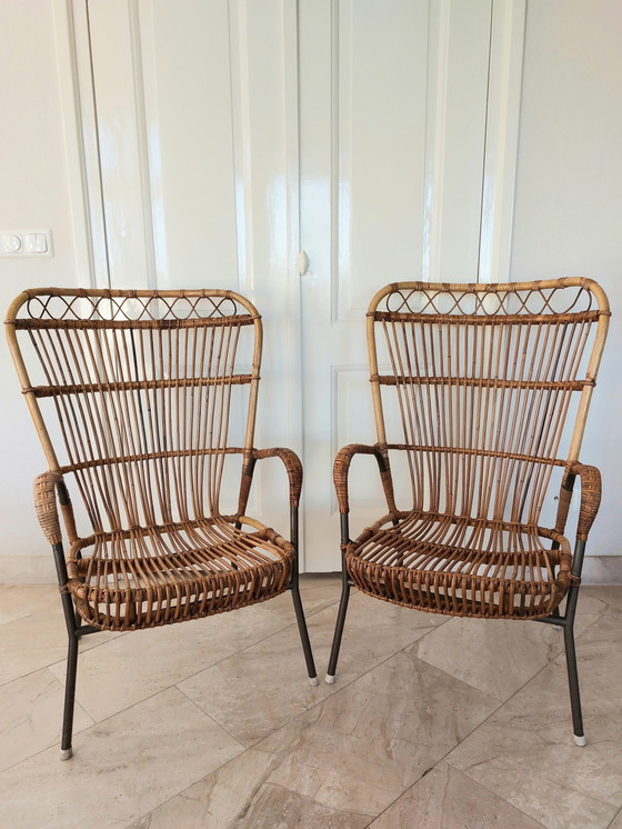 Image 1 of 2x vintage rattan armchair chair 50s 60s