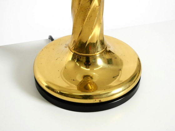 Image 1 of Large 1960s brass column-style table lamp with frosted glass globe