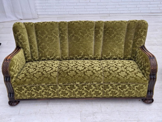 Image 1 of 1960s, Danish 3-seater sofa, furniture velour, carved oak wood.