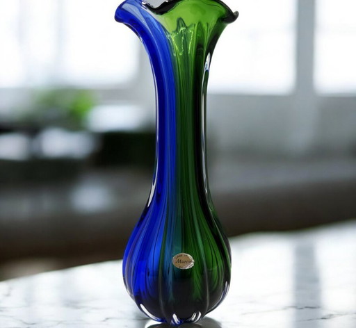 Murano - Kunstvolle Vase - Grün und blau, gerippt, elegantes Design