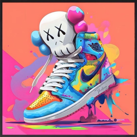 Image 1 of Thirteen: "Nike Jordan by Kaws." Hand-signed, edition 6/10. Glicee on canvas. Includes frame and hanging system. Limited edition