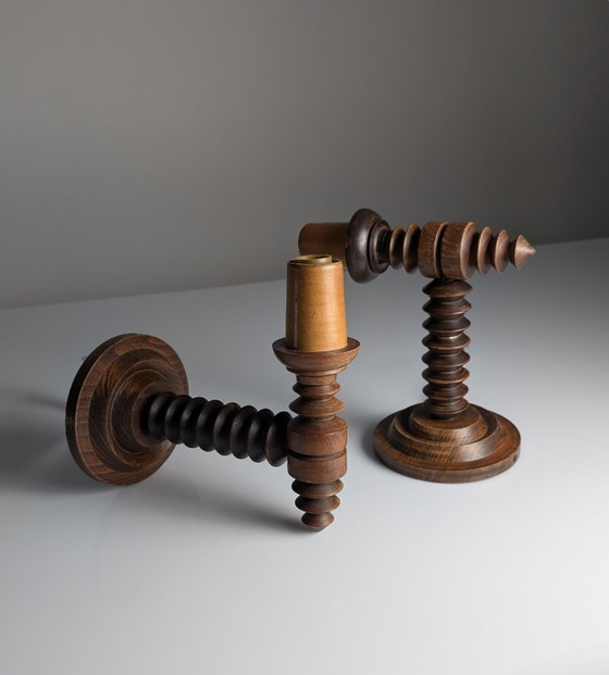 Image 1 of Par de apliques de pared franceses de madera torneada de Charles Dudouyt, década de 1940