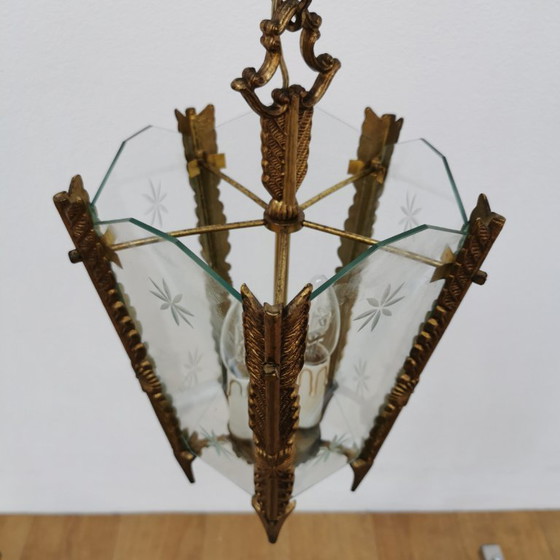 Image 1 of Lampada a lanterna francese in ottone vintage, lampada a sospensione, lampada con catena