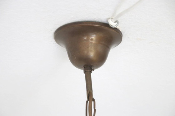 Image 1 of Ceiling lamp, pendant lamp, petroleum glass shade, 75-90cm, vintage