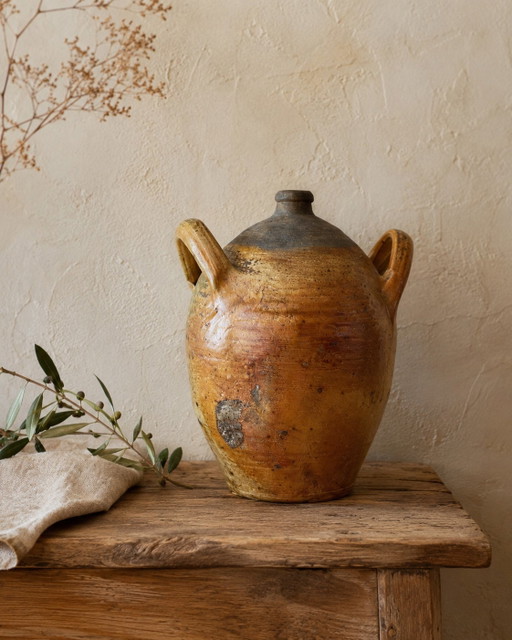 Antique French Stoneware Jar With Handles – 19th / Early 20th Century – decoratieve objecten, Other