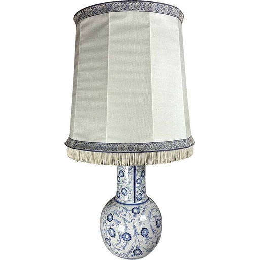 Lámpara de mesa vintage de loza azul y blanca, años 80