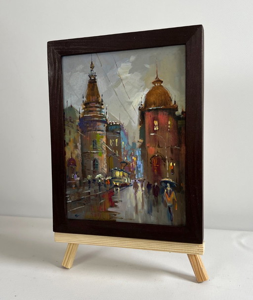 Original Oil Painting Gloomy City Landscape Dynamics of urban life