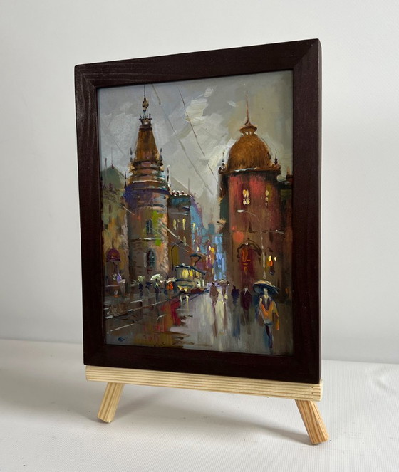 Image 1 of Original Oil Painting Gloomy City Landscape Dynamics of urban life