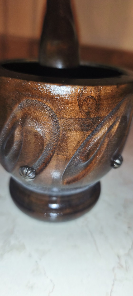 Antieke massief houten vijzel en stamper, handgemaakt keukengereedschap – Keukenaccessoires, Wood (photo 3 of 5)