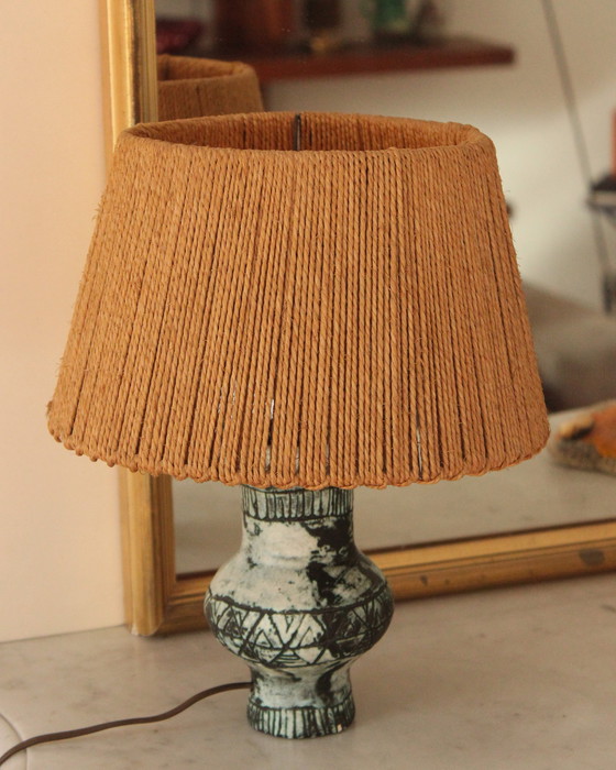 Image 1 of Ceramic Table Lamp with Cord Shade, by Jacques Blin
