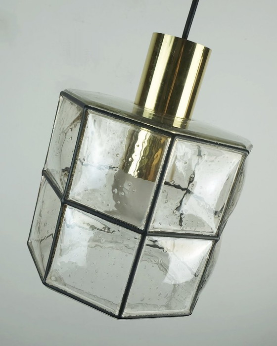 Image 1 of vintage jaren 1960 70 glashuette limburg hanglamp helder glazen kap en messing