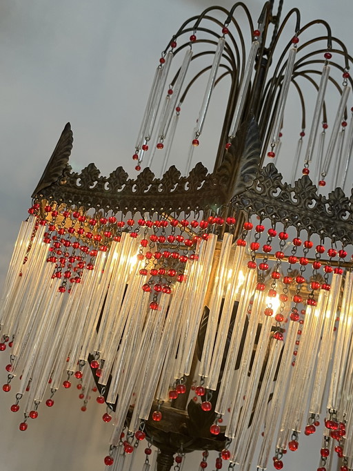 Vintage rod chandelier pendant lamp 1920s red beads