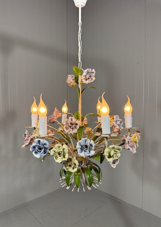Image 1 of Italian chandelier with porcelain flowers 1950s