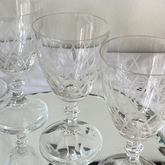 Image 1 of 6 Antique Engraved Glasses, Wine or Water Glasses