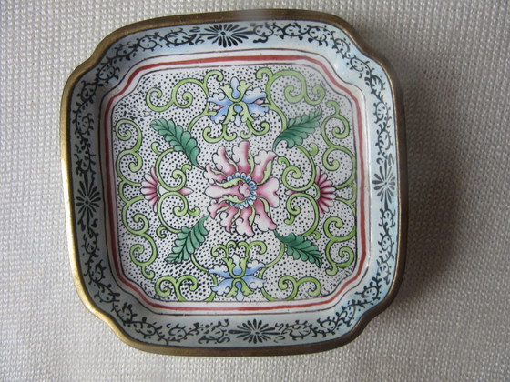 Pin Tray Chinese Canton cloisonné Enamel on copper, floral scroll design, vintage, Table accessories, Brass (photo 2 of 6)