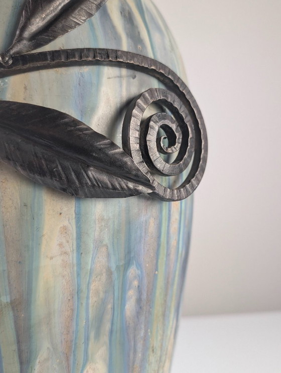 Image 1 of Vaso in gres e ferro battuto Art Déco belga Roger Guérin, anni '30