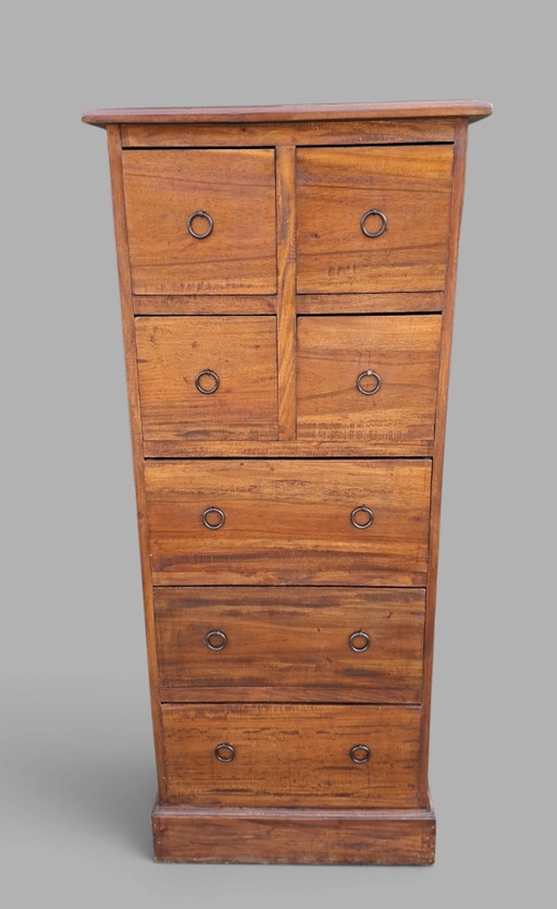 Commode en teck, meuble d'apothicaire, meuble de classement dimensions: 50x42cm et 121cm de haut.