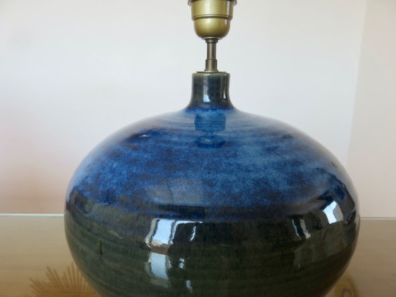 Image 1 of Impressive lamp in iridescent blue ceramic with green gradients, France, circa 1960