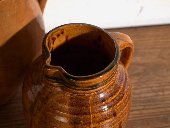 Coppia di brocche antiche in ceramica smaltata, Europa Centrale, circa 1920, Stoviglie, Marrone (foto 2 di 12)