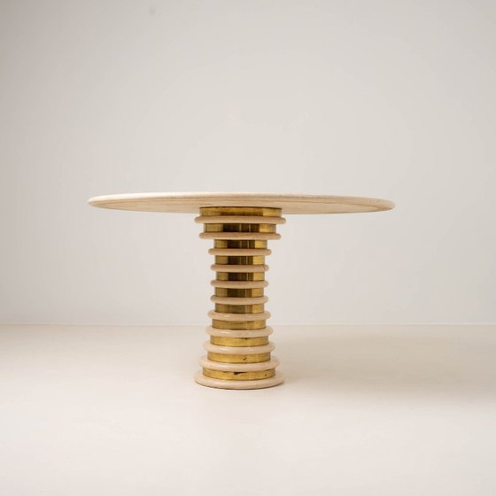 Image 1 of Travertine and Brass Pedestal Dinning Table Marzio Cecchi 