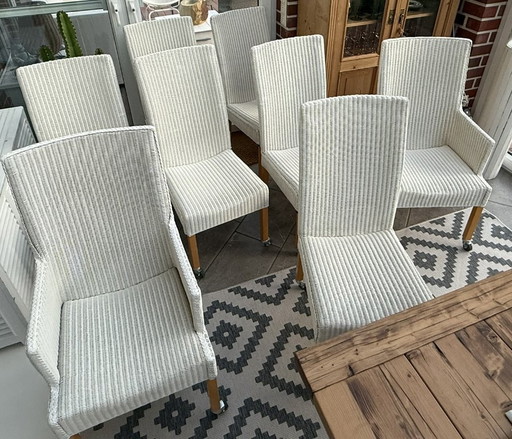 8 originele Lloyd LOOM stoelen, eetkamerstoelen, ook in kleinere aantallen verkrijgbaar, houten frame, wit riet.