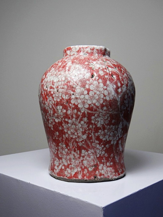 Image 1 of Vaso in ceramica raku smaltata vintage anni '80-'90 con decorazione a fiori di ciliegio.