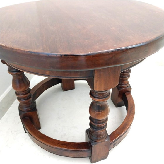 Image 1 of Rare Vintage Italian Solid Wood Round Table - Hand-Turned Legs | 1930s-1940s Artisanal Masterpiece