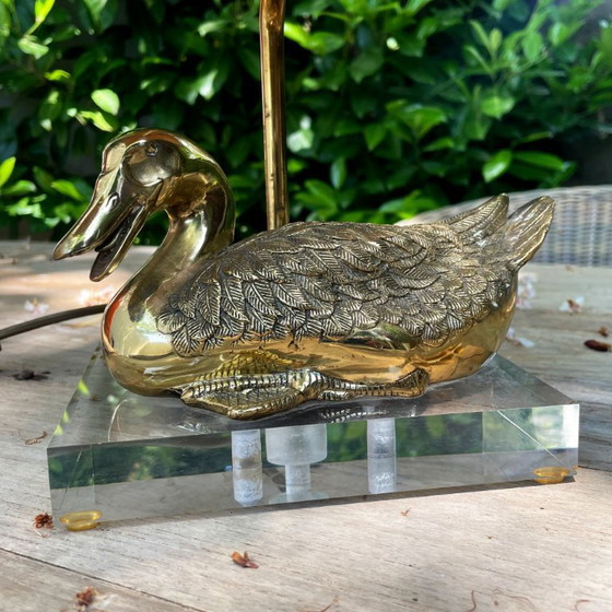 Image 1 of Brass Duck Table Lamp Vintage 70s on Acrylic Base