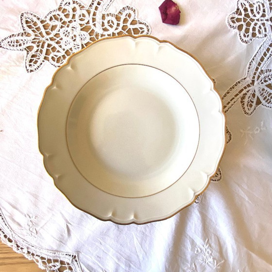 Image 1 of Set of 6 antique off-white porcelain soup plates with gold rim, Limoges ULIM