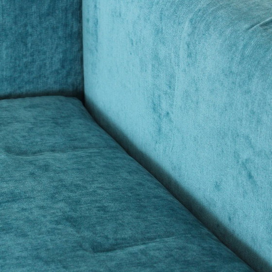 Image 1 of Cornaro two-seater sofa in iroko wood and blue velvet by Carlo Scarpa for Studio Simon, Italy, 1974