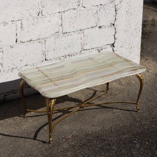 French Vintage Onyx Marble and Brass Coffee Table-Big Cocktail Table-Rare Lounge Table- Regency Style-70s