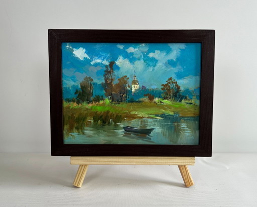 Original Oil Painting Summer Church Landscape A lonely boat among the reeds