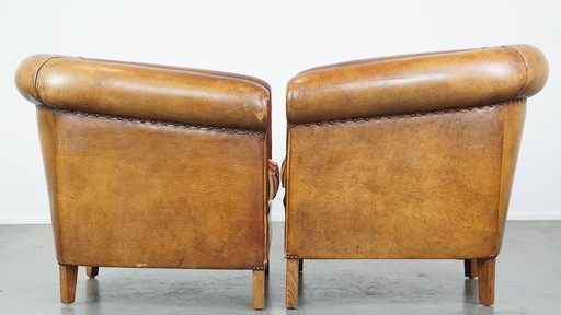 2 x Cognac-colored Vintage Sheepskin Leather Club Armchair